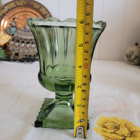 Vintage Glass Urn Smoky Green Footed Indiana Glass