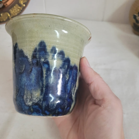 Vintage Studio Art Pottery Planter Gray and Blue Artist Signed