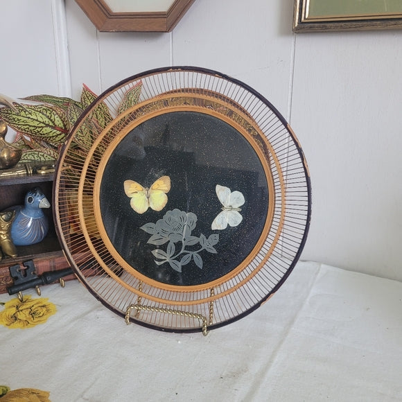 Rattan Basket Glass Bottom Silver Inlay Pressed Butterflies