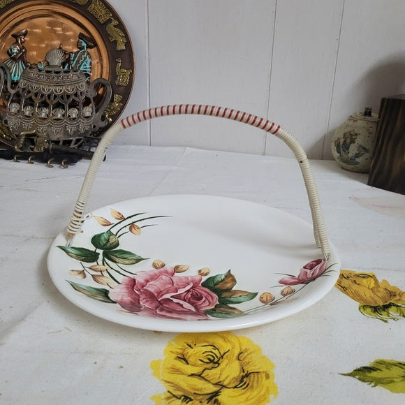 Vintage Lefton Tidbit Serving Plate Handled Hand Painted Japan Floral Regal Rose