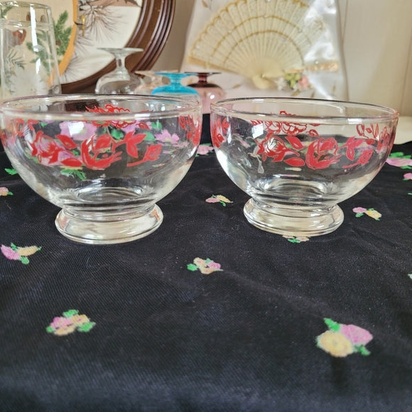 Vintage Dessert Bowls Red Rose Dominion Glass Set of 2