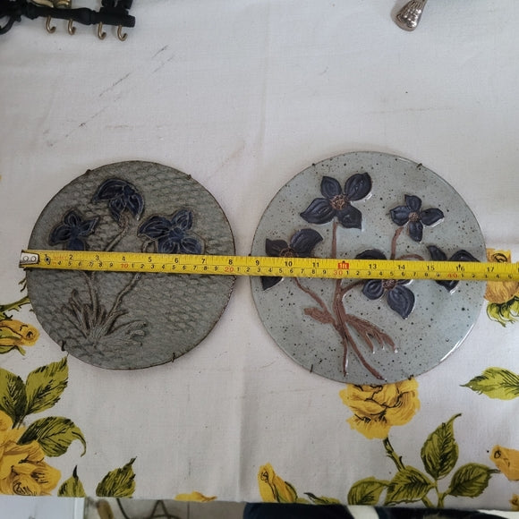 Studio Pottery Plates/Stepping Stones Artist Signed w/ Hangers set of 2 Floral