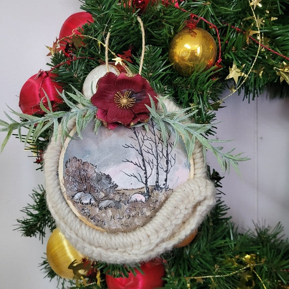 Christmas Ornament Hand Painted Macrame Upcycled