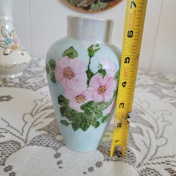 Vintage Czechoslovakia Pottery Floral Vase Luster AS IS