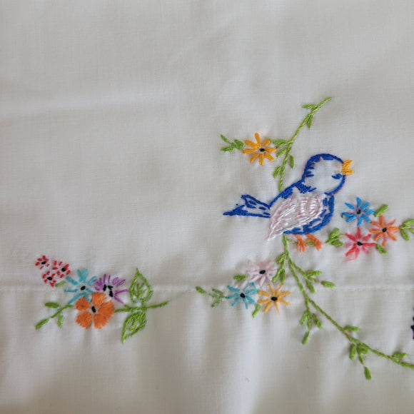 Vintage Embroidered His & Hers Pillow Cases Blue bird 🐦 floral