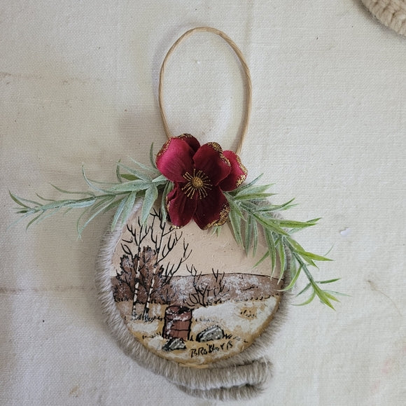 Christmas Ornament Hand Painted Macrame Upcycled