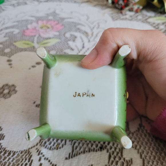 Vintage Trinket Dish, Porcelain Gold Gilt Footed Green Floral Japan AS IS