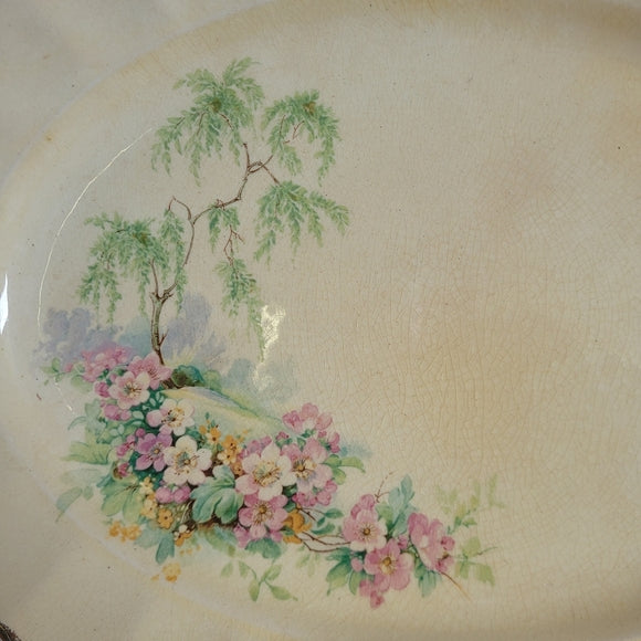 Vintage Oval Plate Platter Floral Gold Crazing