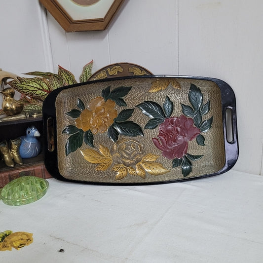 Vintage Floral Textured Colorful Handled Plastic Tray