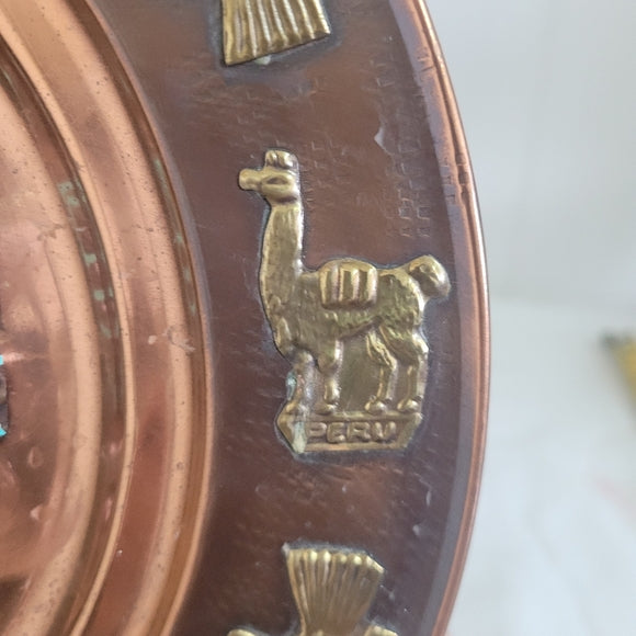 Vintage Copper Peru Souvenir Plate Llamas Brass