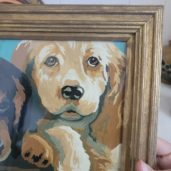 Vintage Paint By Numbers Puppies Framed Under Glass ready to hang