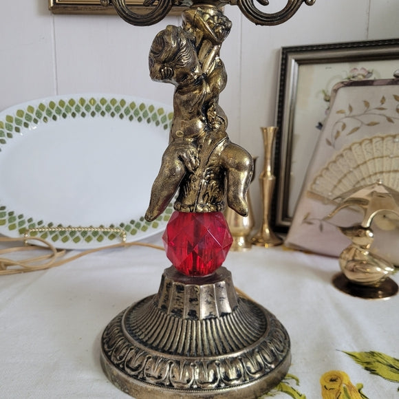 Vintage Brass Cherub Hollywood Regency Table Lamps, set of 2