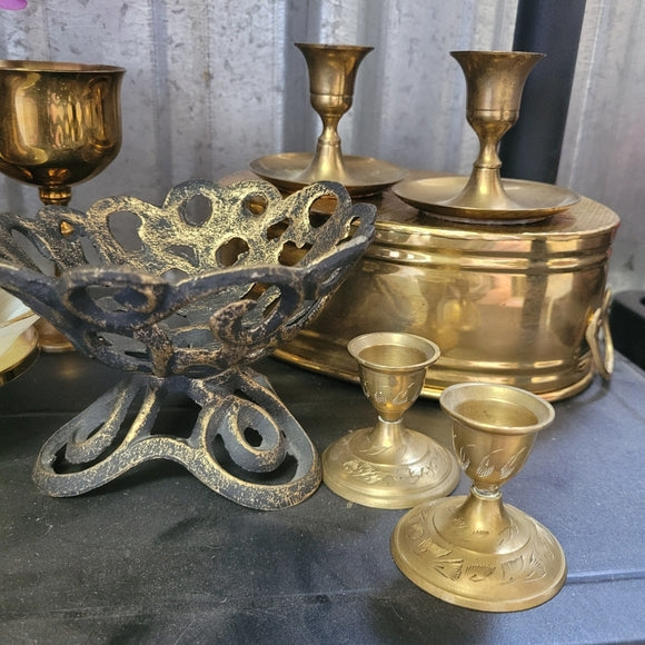 Vintage Brass Candleholders Etched set of 2