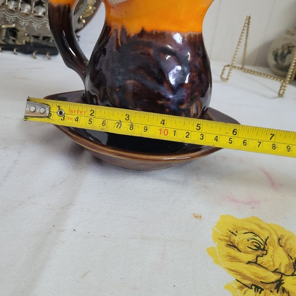 Vintage Pitcher and Basin Retro Orange and Brown Drip Glaze Mill