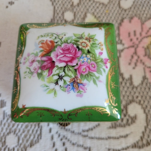 Vintage Trinket Dish, Porcelain Gold Gilt Footed Green Floral Japan AS IS