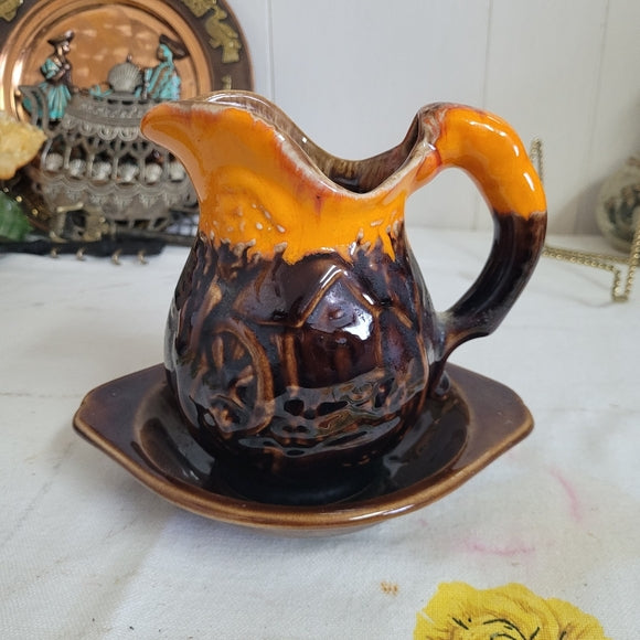 Vintage Pitcher and Basin Retro Orange and Brown Drip Glaze Mill