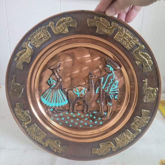 Vintage Copper Peru Souvenir Plate Llamas Brass