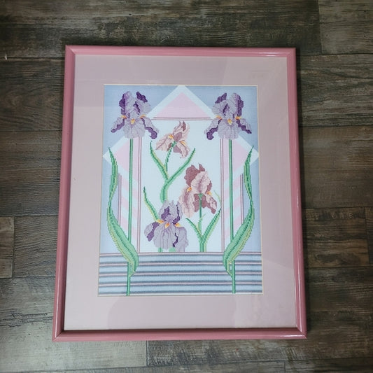 Vintage 80s PetiPoint Iris Florals in Pastels Framed Large