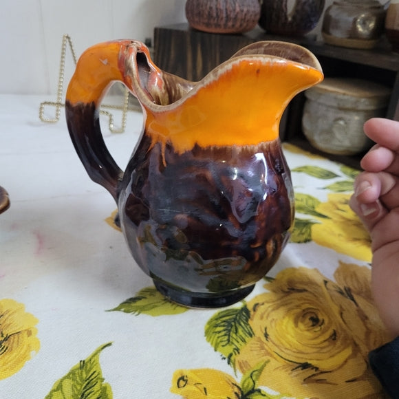 Vintage Pitcher and Basin Retro Orange and Brown Drip Glaze Mill