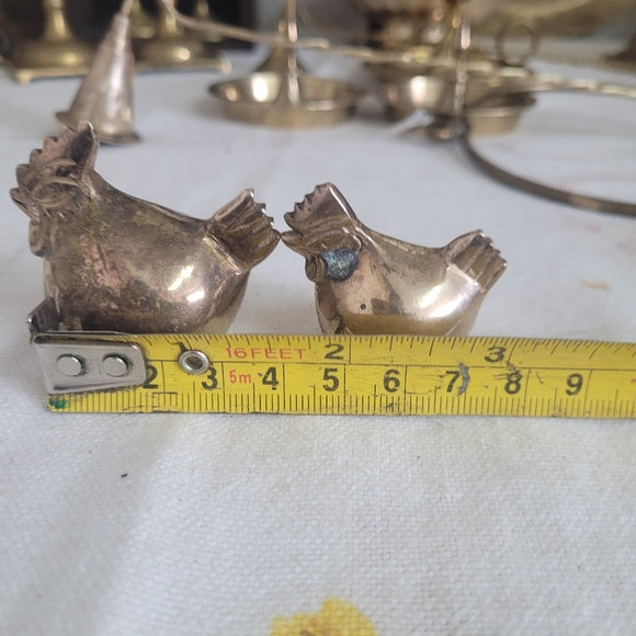 Vintage Brass Rooster and Chicken Figurine India