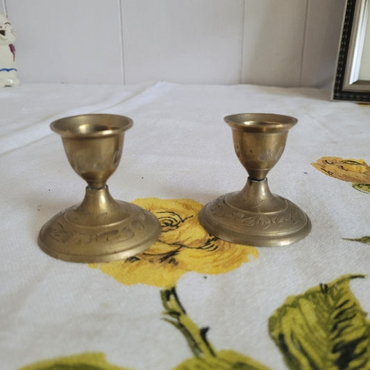 Vintage Brass Candleholders Etched set of 2