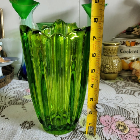 Viking Green Glass Green Vase Lotus Thick Ribbed Tall Version