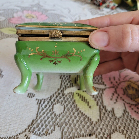 Vintage Trinket Dish, Porcelain Gold Gilt Footed Green Floral Japan AS IS