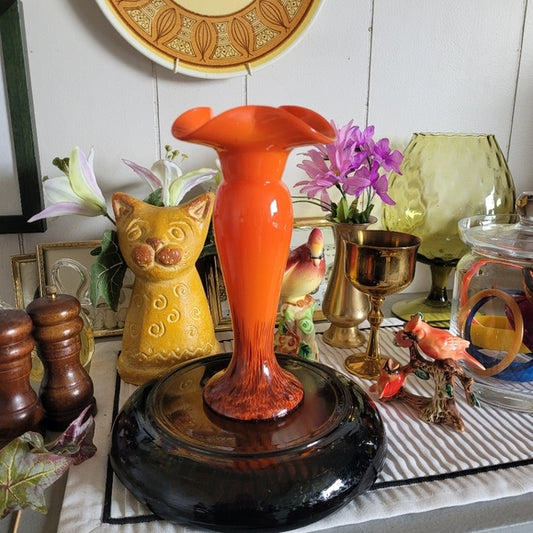 Vintage Art Glass Vase Orange and Black Scalloped Edge Hand Blown