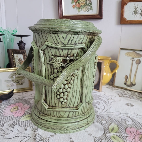 Vintage Ice Bucket Barrel Avacado Green Plastic Handled Grapes