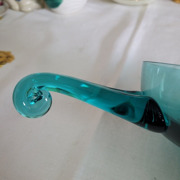 Art Glass Bowl Handled Teal