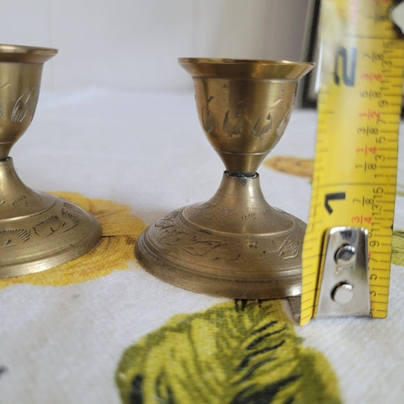 Vintage Brass Candleholders Etched set of 2