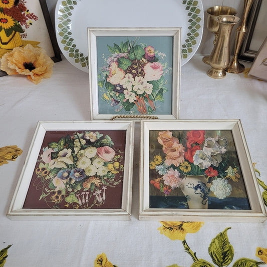 Vintage Floral Prints Square white frame under glass set of 3