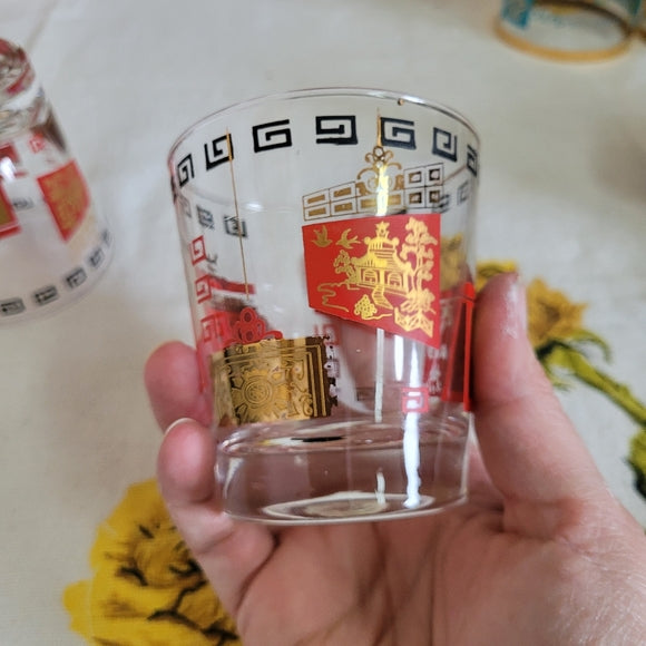 Vintage Red and Gold Lowball Glass Dominion Glass Set of 3 Chinoiserie