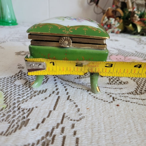 Vintage Trinket Dish, Porcelain Gold Gilt Footed Green Floral Japan AS IS