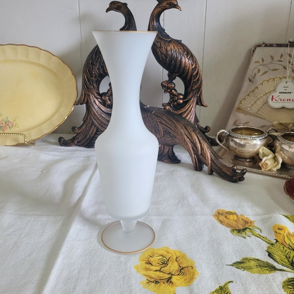 Vintage Satin Glass Vase Footed Orange Florals Gold Gilding