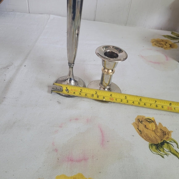 Vintage Metal Bud Vase and Candleholders Marriage Sliver Set of 2