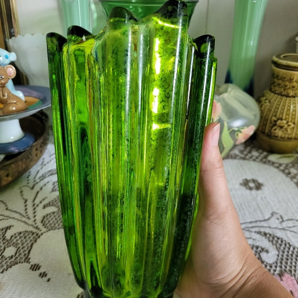 Viking Green Glass Green Vase Lotus Thick Ribbed Tall Version