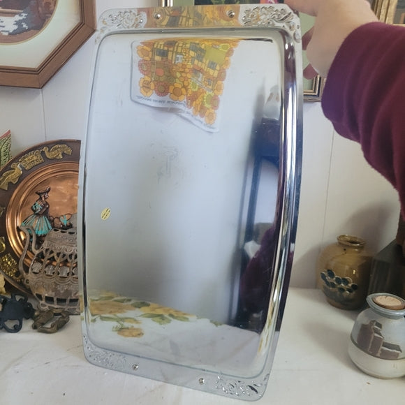 Vintage Metal Tray brushed, silver gold handles rectangle pressed floral