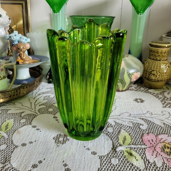 Viking Green Glass Green Vase Lotus Thick Ribbed Tall Version