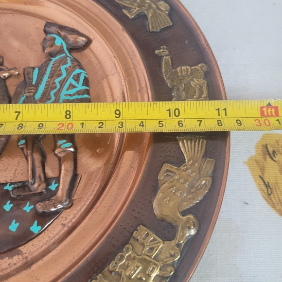 Vintage Copper Peru Souvenir Plate Llamas Brass