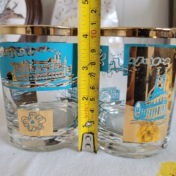 Libbey Southern Comfort Riverboat teal gold double old fashioned glasses set 2