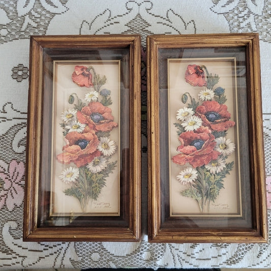 Vintage 3D Flower Art set of 2 Poppy Daisy Under Glass Hang