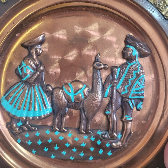 Vintage Copper Peru Souvenir Plate Llamas Brass