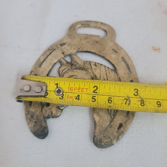 Vintage Brass Horse Head in a Horseshoe Medallion