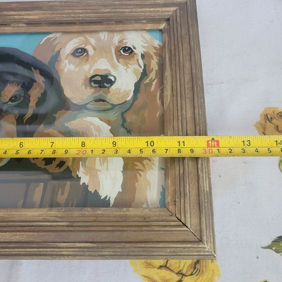 Vintage Paint By Numbers Puppies Framed Under Glass ready to hang