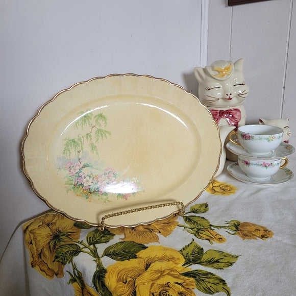 Vintage Oval Plate Platter Floral Gold Crazing