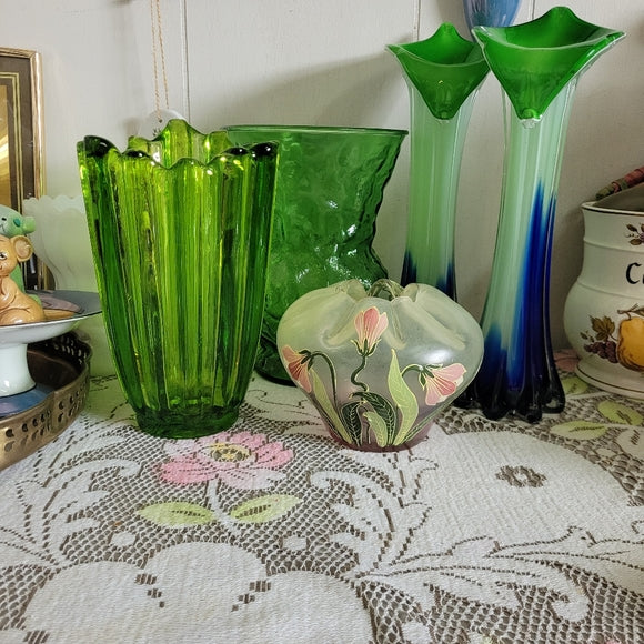 Viking Green Glass Green Vase Lotus Thick Ribbed Tall Version