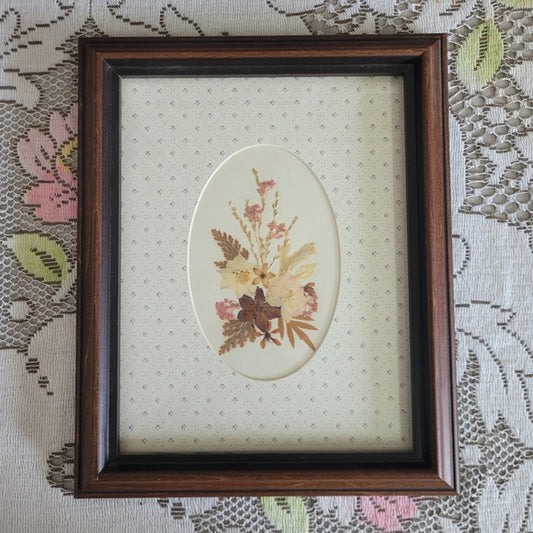 Vintage Dry Flowers Pressed with wooden frame Matted 90s