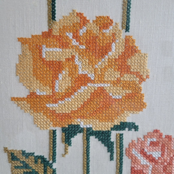 Vintage Cross Stich Florals Embroidery Framed Roses Cream Large