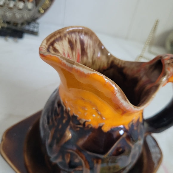 Vintage Pitcher and Basin Retro Orange and Brown Drip Glaze Mill